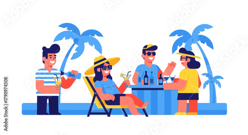 People Enjoying Vacation Beachside With Cocktails And Relaxing Under Palm Trees