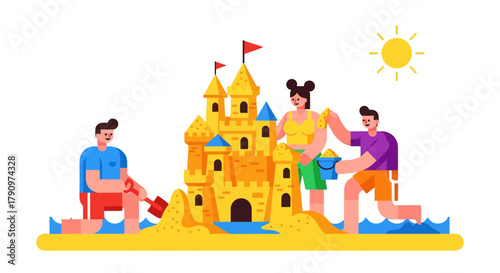 People Building An Exquisite Sandcastle Together During A Beautiful Sunny Day At Shore