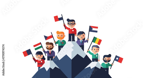 People Celebrating Success Above The Peaks, Flags Representing Different Countries