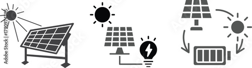 Solar Power Icons. Outline icon set of solar power systems: photovoltaic panel, solar farm, sun tracker, solar panel icons set for stock Solar energy icons on dark background: house, plug, battery,