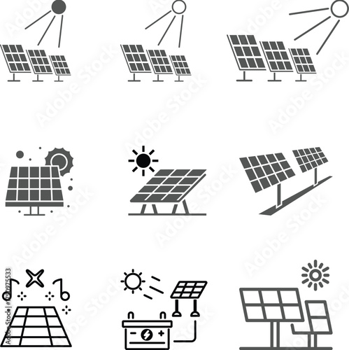Solar Power Icons. Outline icon set of solar power systems: photovoltaic panel, solar farm, sun tracker, solar panel icons set for stock Solar energy icons on dark background: house, plug, battery,