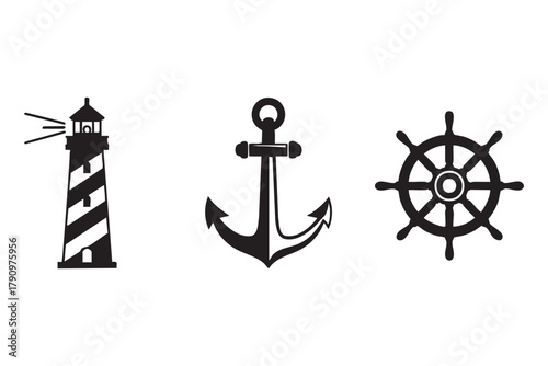 Lighthouse anchor ship wheel nautical icons set, maritime navigation symbols vector isolated on transparent background