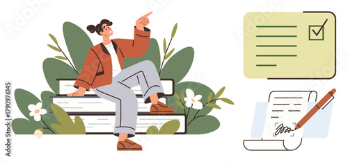 Woman sitting on stacked books amidst plants, checklist with a tick mark, and signed contract with a pen. Ideal for education, learning, growth, planning, organization goals and achievement. Simple
