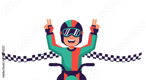 Motorcycle Racer Celebrating Victory With A Checkered Flag And Joyful Gestures