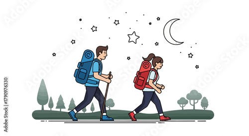 Night Hiking Adventure: Animated Couple Exploring the Wilderness Under The Moonlight