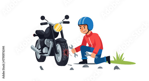 Motorcycle Repair: A Skilled Mechanic Fixes a Flat Tire with Expertise and Precision