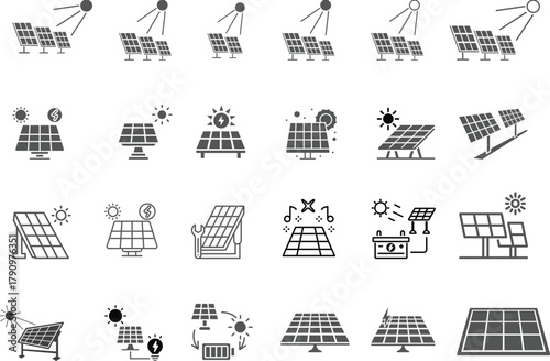 Solar Power Icons. Outline icon set of solar power systems: photovoltaic panel, solar farm, sun tracker, solar panel icons set for stock Solar energy icons on dark background: house, plug, battery,