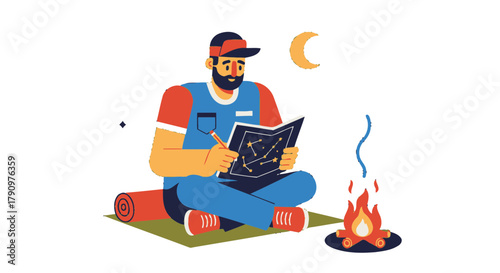 Night Traveler Gazing At Star Chart Beside A Campfire Under The Moon Glow