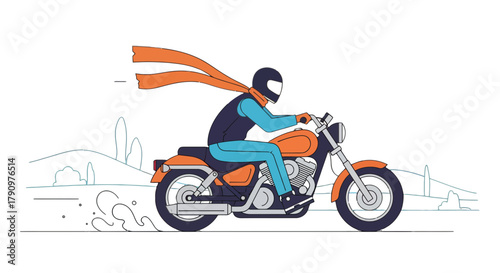 Motorcycle Rider Silhouetted Against Black Backdrop Depicting Landscape Elements