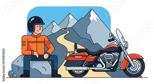 Motorcycle Rider Resting Near His Bike, With A Scenic Mountain Range Background