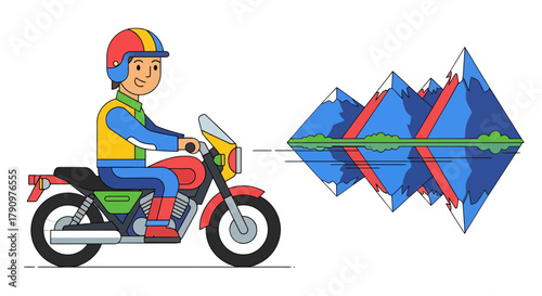 Motorcyclist Riding Across Mountainous Area With Reflected Vista On Black Backdrop