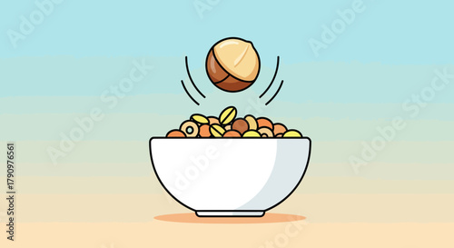 Nuts And Seeds Falling Into The Bowl, Healthy Food Illustration In Colorful Design