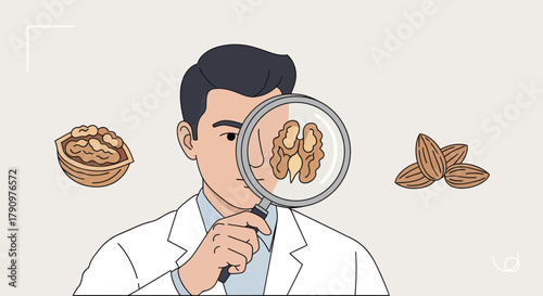 Nutrition Specialist Examines Nuts and Seeds Through Magnifying Glass For Study