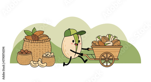 Nuts Delivery: A Cheerful Pistachio Man Bringing A Variety of Nut Treasures