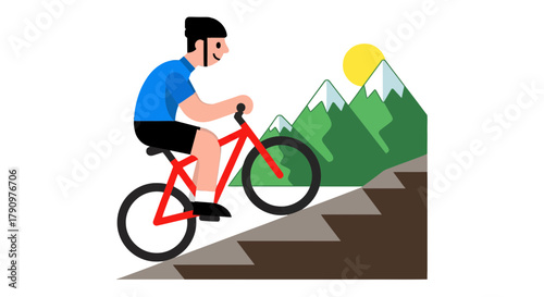 Mountain Biker Ascending Graded Trail With Sun And Mountain In Attractive Style