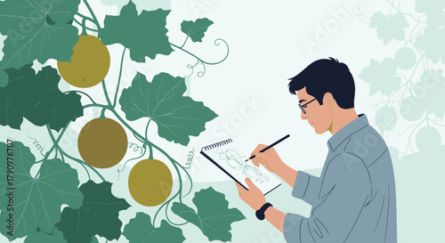 Observant Artist Sketches Nature's Bounty of Melons and Verdant Foliage