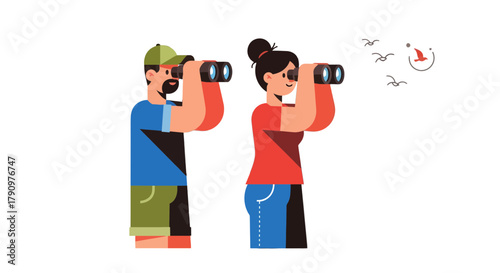 Observing Nature: A Couple Experiences Wildlife and Bird Watching Together in Illustration