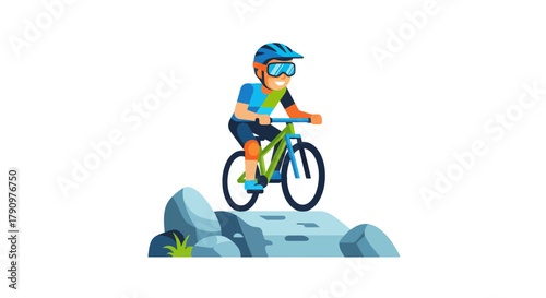 Mountain Biker Enjoying Extreme Sport, Riding Over Rocky Terrain Under Sunny Sky