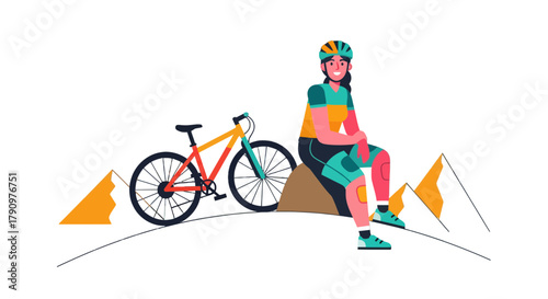 Mountain Biker Resting Beside a Bicycle, Enjoying A Scenic View in the Mountains