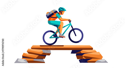 Mountain Biker Navigating Treacherous Terrain Over Wooden Bridge Against Dark Sky