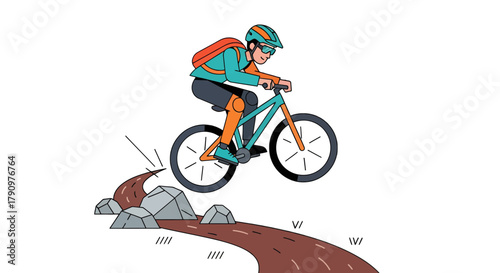 Mountain Biker Soaring Over Obstacles In Dramatic And Energetic Cartoon Illustration