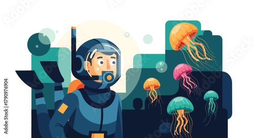 Oceanic Explorer Encountering Curious Jellyfish Creatures Underwater Exploration Scene