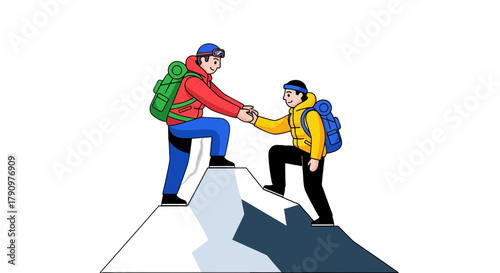 Mountain Climbers Helping Each Other to Reach a Peak Success against Black Background