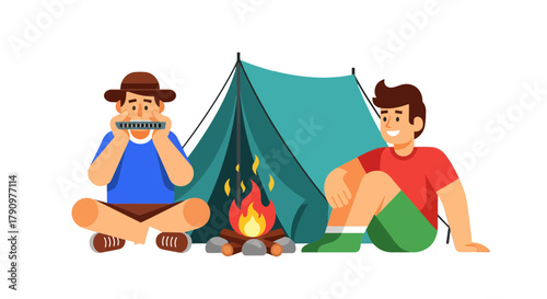 Outdoor Camping Adventure Depicting Friends Playing Music and Enjoying A Bonfire Together