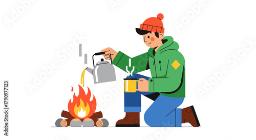 Outdoor Camping Illustration Featuring Person, Campfire, And Hot Beverage Preparation