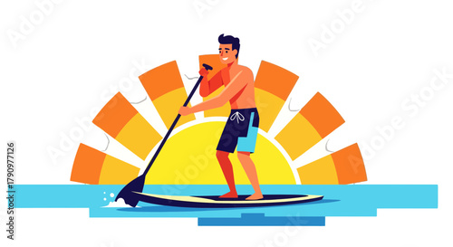 Paddleboarder Enjoying Sunset, Colorful Sport, Summer Activity Against Black Background