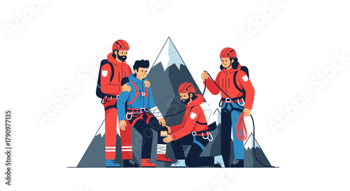 Mountain Rescue Team Treating Injured Climber After Rock Climbing Accident Illustration
