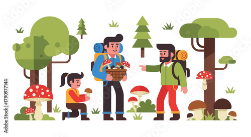 Mushroom Foraging Adventure With The Family In A Stylized Forest Illustration