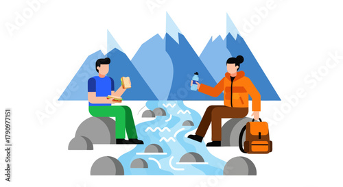 Mountain Trail Pause: Duo Enjoys Refreshments by Alpine Stream, Capturing Adventure's Essence