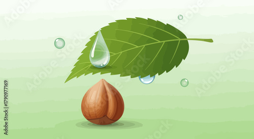 Natural Harmony: Dewy Leaf Above a Nut Illustrating Freshness and Growth