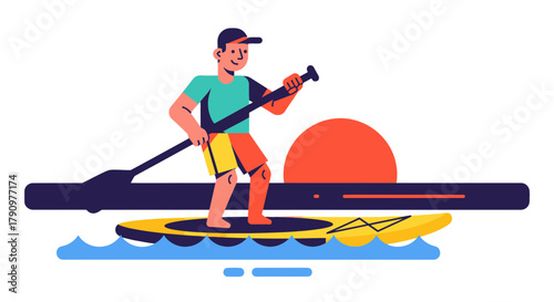 Paddleboarder Enjoying Sunset, Engaging in Water Sports and Recreation Silhouetted