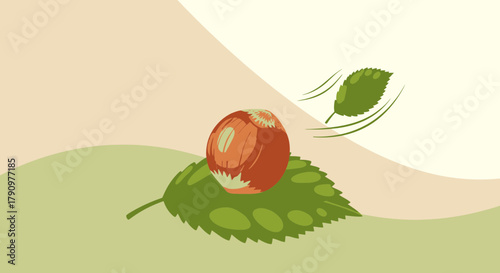 Natural Hazelnut Illustration on a Leaf With a Breeze and a Soft Color Palette Design