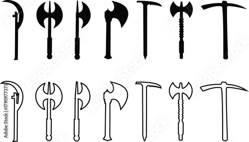 Weapon Icon Set, Axe, Pickaxe, Halberd, Battle Axe, Spear, and War Tool Symbol Collection and Group, Ancient and Modern Blade, Metal Armory, and Combat Equipment Vector in Black Color Flat and Line St
