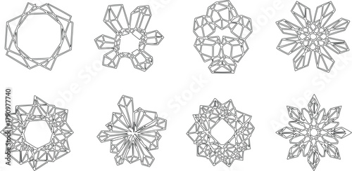 Vector set of ice crystal silhouettes, minimal icy shapes resembling frozen water molecules, clean black design isolated on white