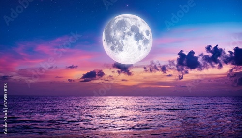 Super Moon Colorful Sky With Cloud And Bright Full Moon Over Seascape