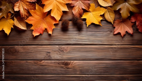 Autumn Leaves Border On Vintage Wooden Background