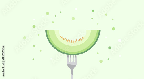 Minimalist Artwork Depicting Melon Slice On Fork Surrounded By Abstract Green Bubbles