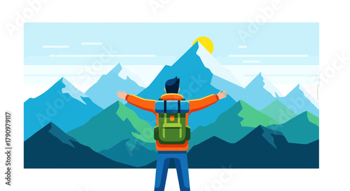 Man Reaching Joyously Towards Majestic Peaks and Captivating Vistas of Mountain Range