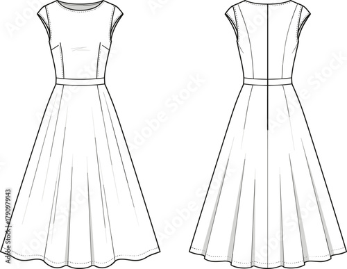 Fashion illustration, technical sketch, midi dress design, cap sleeve, flared skirt, garment construction, couture drawing, sewing pattern, apparel template, elegant silhouette