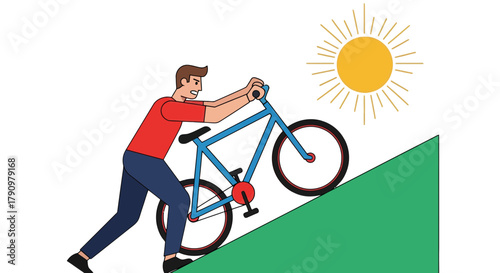 Man Struggles Uphill with Bicycle Under The Sunny Sky, Effort and Determination Visualized