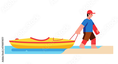 Man Transporting Kayak From The Shore Into The Water Illustration On a Black Backdrop