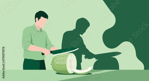 Man Slicing Fresh Melon In The Kitchen Illustration With Shadow Effect