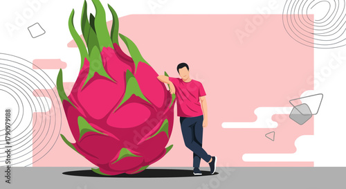 Man Stands Beside Dragon Fruit Illustration, Pink Abstract Background Graphic Design