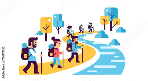 Minimalist Illustration Depicting Hikers Trekking Along A Winding Trail in Nature at Dusk