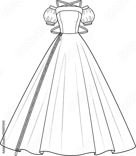 Formal dress sketch, fashion illustration, puff sleeve gown, crisscross strap bodice, tailoring concept, couture art, garment design, sewing drawing