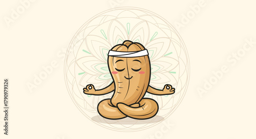 Meditating Cartoon Cashew Nut In Yoga Pose with a Detailed Geometric Background